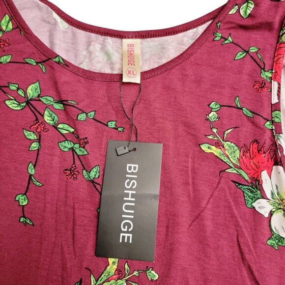 Burgundy NEW! Beach Casual Sleeveless Floral Print Tank Loose Sundress Pockets - Picture 5 of 9